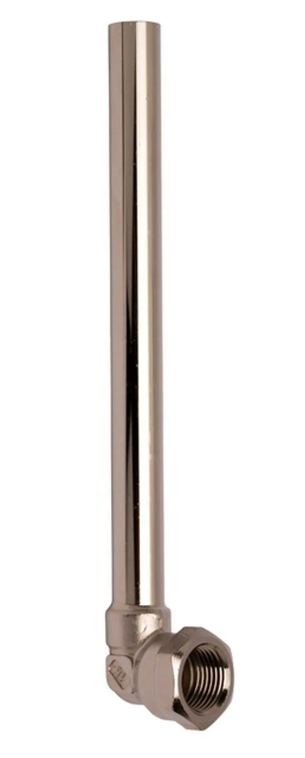 Winkelanschluss mit gerader und abgewinkelter Leitung, vernickelt. Teil aus Metall für die Verwendung in Heizungsanwendungen, passend zu IMI Hydronic Engineering Produkten.